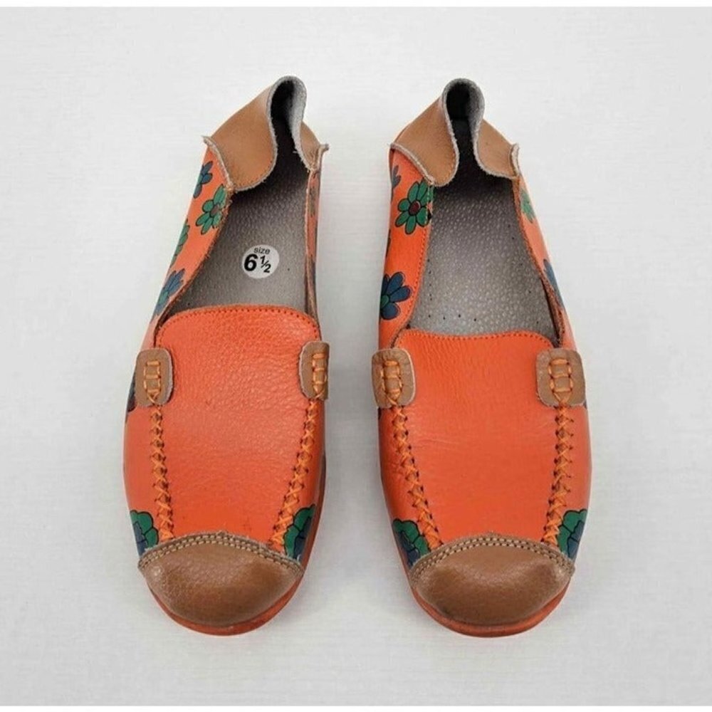 Womens Leather Orange Floral Flats Slip-on Comfort Loafer Moccasin Like Shoe